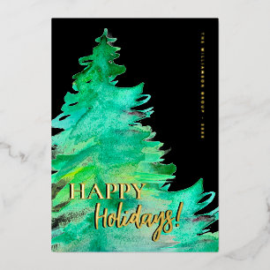 Happy Holidays Minimal Pine watercolor Business Foil Holiday Card