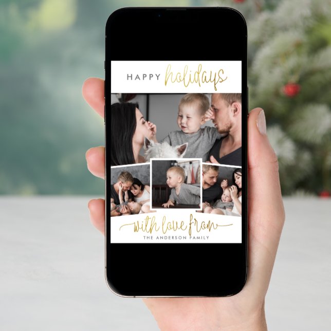 Happy Holidays | Minimalist Gold 4 Photo Collage Holiday Card (Front Digital)