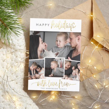 Happy Holidays | Minimalist Gold 4 Photo Collage Holiday Card