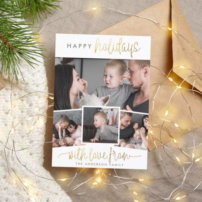 Happy Holidays | Minimalist Gold 4 Photo Collage Holiday Card (Creator Uploaded)