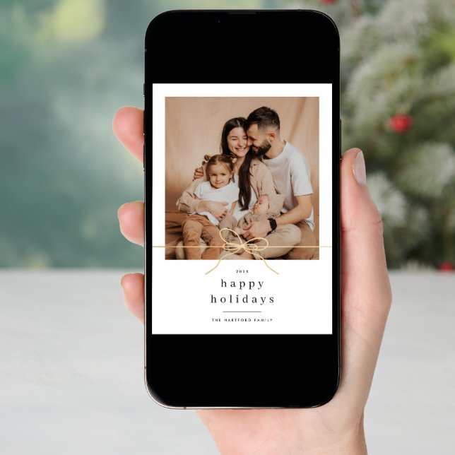 Happy Holidays Minimalist Gold Bow Christmas Photo Holiday Card (Front Digital)