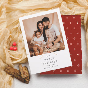 Happy Holidays Minimalist Gold Bow Christmas Photo Holiday Card
