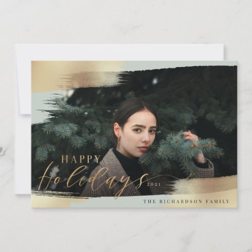 Happy Holidays Mint Green  Gold Foil Brush Photo Holiday Card