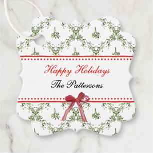 Happy Holidays Mistletoe Red Bow Custom Christmas Favor Tags