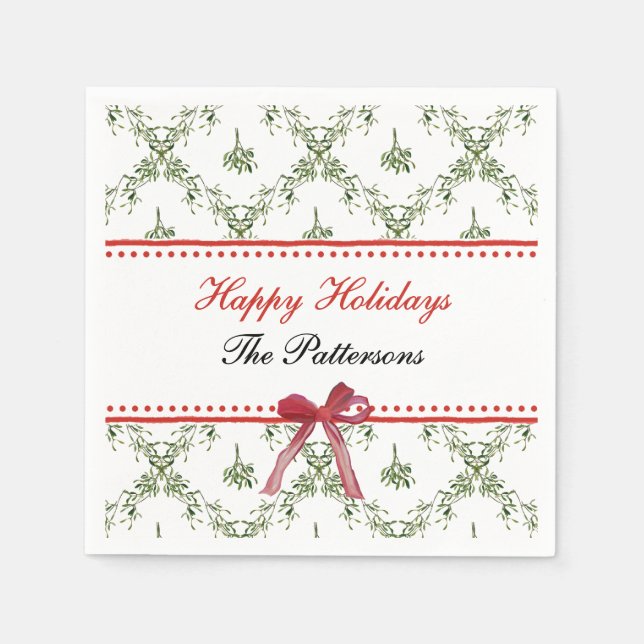 Happy Holidays Mistletoe Red Bow Custom Christmas Napkins (Front)