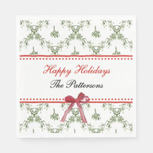 Happy Holidays Mistletoe Red Bow Custom Christmas Napkins