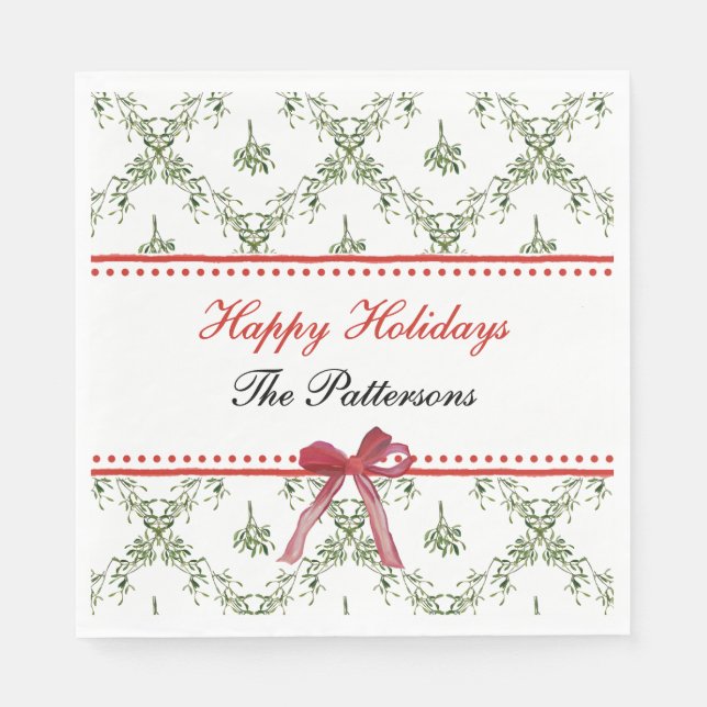 Happy Holidays Mistletoe Red Bow Custom Christmas Napkins (Front)