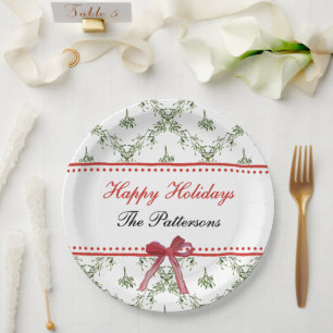 Happy Holidays Mistletoe Red Bow Custom Christmas Paper Plates