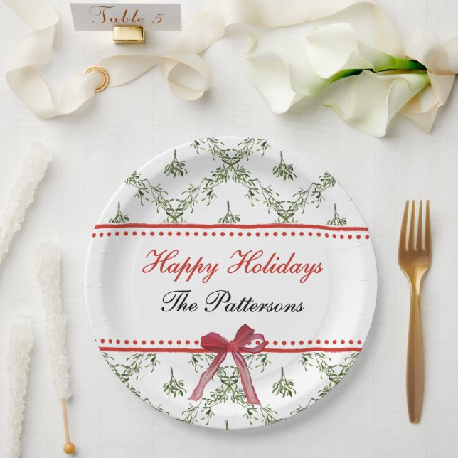 Happy Holidays Mistletoe Red Bow Custom Christmas Paper Plates (Wedding)