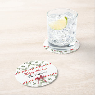 Happy Holidays Mistletoe Red Bow Custom Christmas Round Paper Coaster