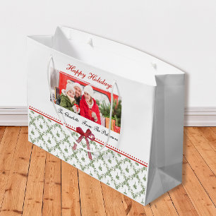 Happy Holidays Mistletoe Red Bow Custom Name Photo Large Gift Bag