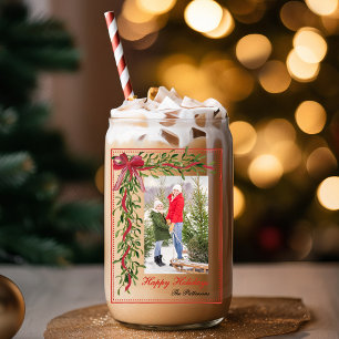 Happy Holidays Mistletoe Red Bow Family Photo Can Glass