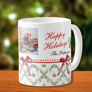 Happy Holidays Mistletoe Red Bow Family Photo Coffee Mug