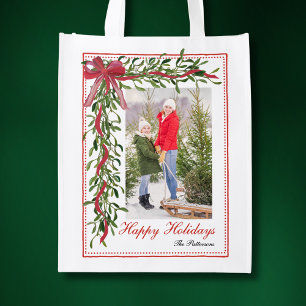 Happy Holidays Mistletoe Red Bow Family Photo Grocery Bag
