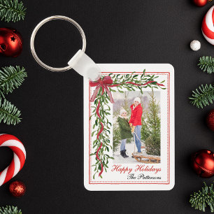 Happy Holidays Mistletoe Red Bow Family Photo Keychain