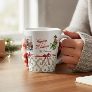Happy Holidays Mistletoe Red Bow Family Photo Latte Mug