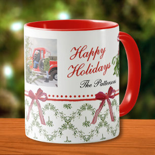 Happy Holidays Mistletoe Red Bow Family Photo Mug