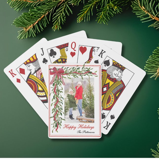 Happy Holidays Mistletoe Red Bow Family Photo Poker Cards (Creator Uploaded)