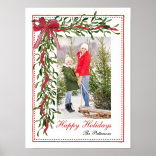 Happy Holidays Mistletoe Red Bow Family Photo Poster