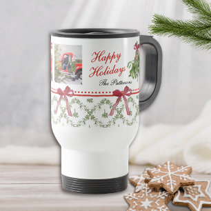 Happy Holidays Mistletoe Red Bow Family Photo Travel Mug