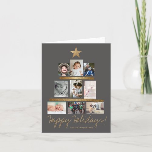 Happy Holidays Mod grey Gold Star Photo Collage Holiday Card