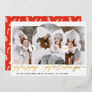 Happy holidays modern arch 3 photos red script foil holiday card