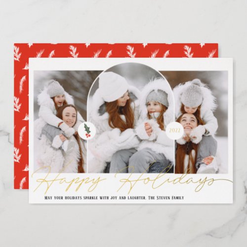 Happy holidays modern arch 3 photos red script foil holiday card