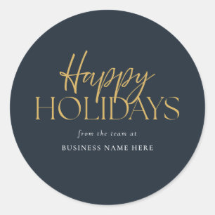 Happy Holidays Modern Blue Gold Script Business Classic Round Sticker