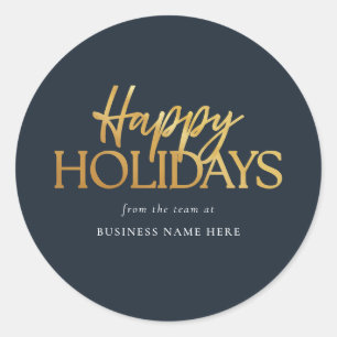 Happy Holidays Modern Blue Gold Script Business Classic Round Sticker