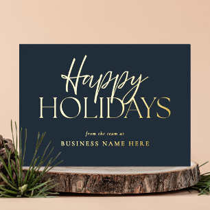 Happy Holidays Modern Blue Gold Script Business Foil Holiday Card