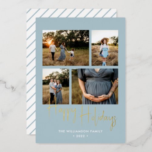 Happy Holidays Modern Blue Script 4 Photo Gold Foil Holiday Card