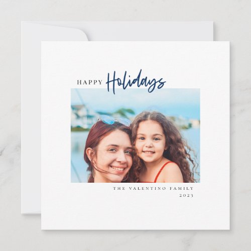 Happy Holidays Modern Blue Script Minimalist Photo Holiday Card