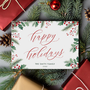 Happy Holidays Modern Botanical Floral Non-Photo Holiday Card