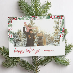Happy Holidays Modern Botanical Floral Photo Holiday Card