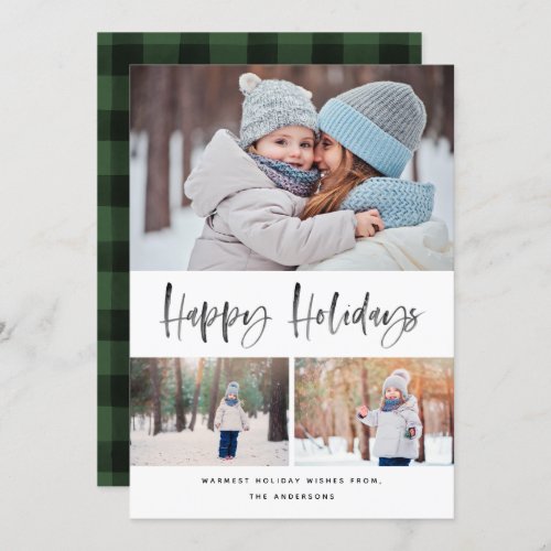 Happy Holidays Modern Brush Script Collage 3 Photo Holiday Card