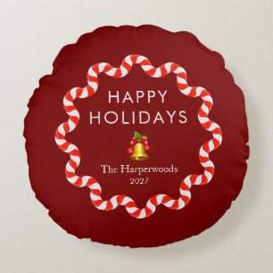 Happy Holidays Modern Candy Cane Christmas Family Round Pillow
