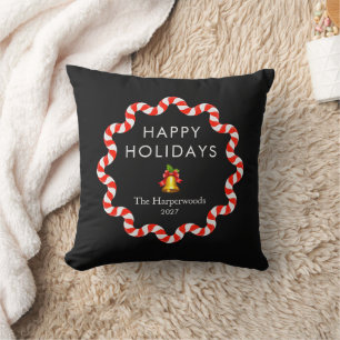 Happy Holidays Modern Candy Cane Christmas Family Throw Pillow