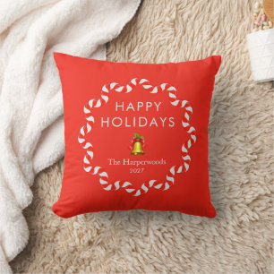 Happy Holidays Modern Candy Cane Christmas Family Throw Pillow