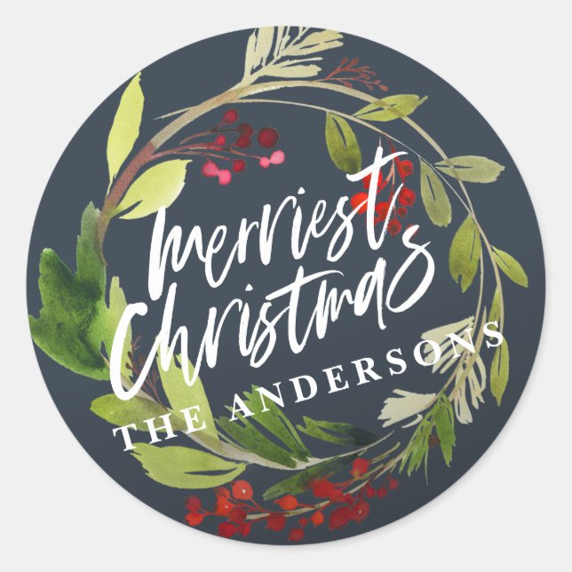 Happy Holidays modern chic watercolor foliage Classic Round Sticker (Front)