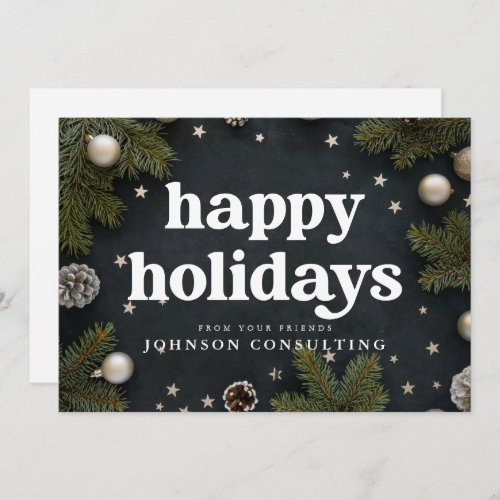Happy Holidays Modern Christmas Ornaments and Pine Holiday Card