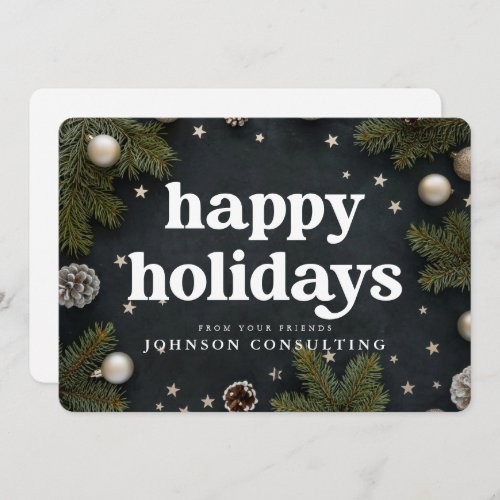 Happy Holidays Modern Christmas Ornaments and Pine Holiday Card