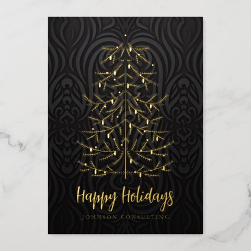 Happy Holidays Modern Christmas Tree Damask Foil Holiday Card