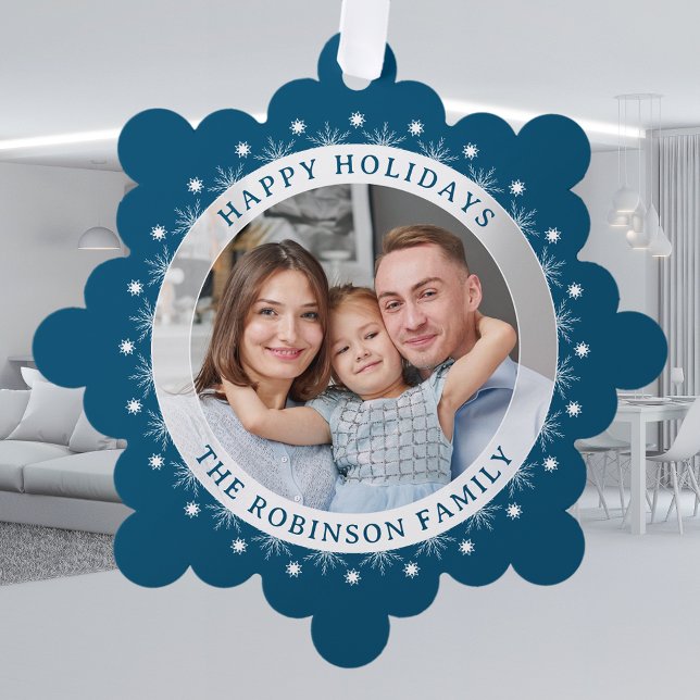 Happy Holidays Modern Elegant Family Photo Blue Ornament Card (Creator Uploaded)