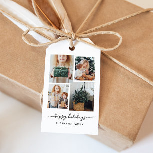 Happy Holidays   Modern Four Photo Collage Gift Tags