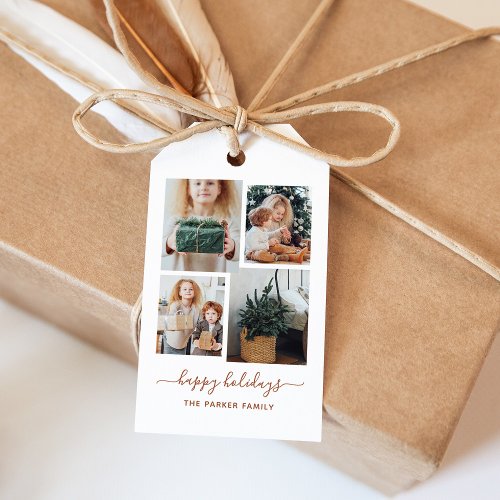 Happy Holidays  Modern Four Photo Collage Gift Tags