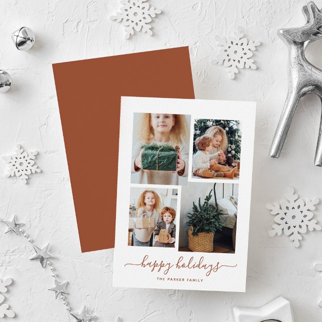 Happy Holidays | Modern Four Photo Collage Holiday Card (A modern photo collage for your holiday greetings)