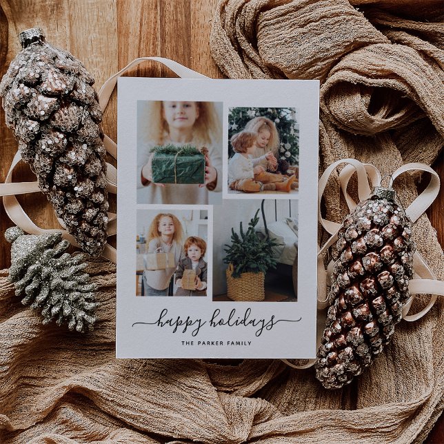 Happy Holidays | Modern Four Photo Collage Holiday Card (A modern photo collage for your holiday greetings)