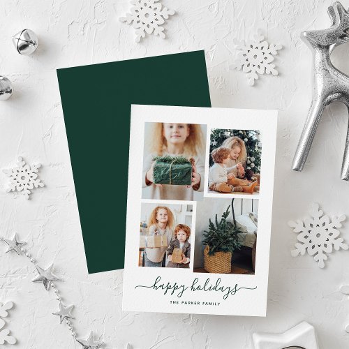 Happy Holidays  Modern Four Photo Collage Holiday Card