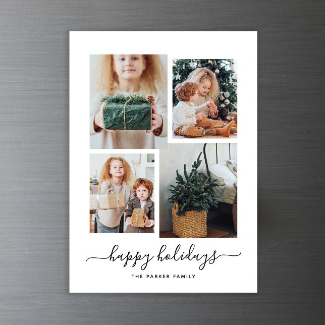 Happy Holidays | Modern Four Photo Collage Magnetic Invitation (A modern photo collage on this magnetic holiday card)