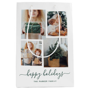 Happy Holidays   Modern Four Photo Collage Medium Gift Bag